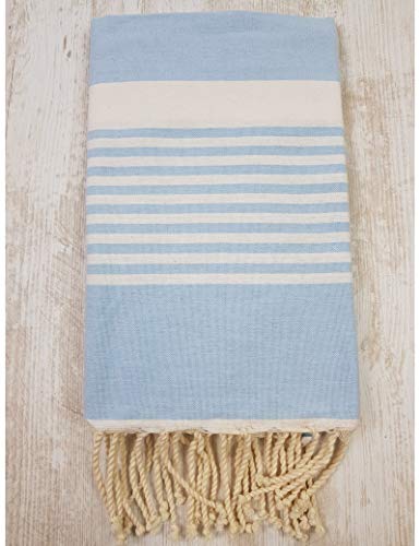 TML Fouta à Tissage, Coton, Bleu Brise avec Rayures Blanches,